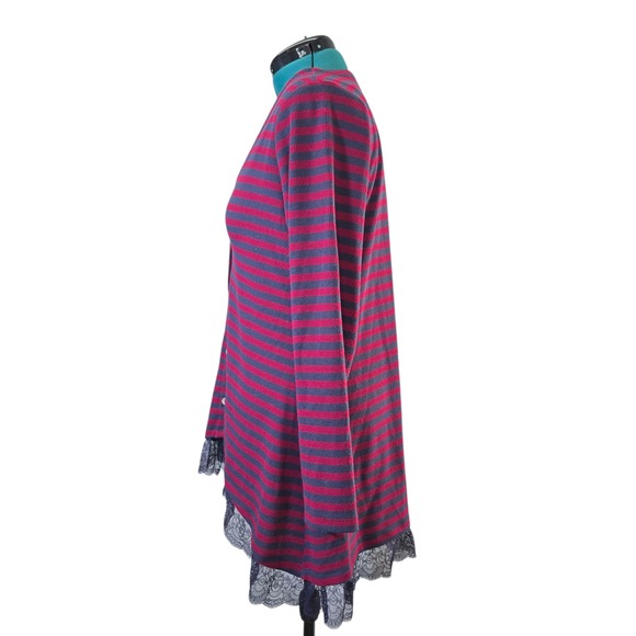 LOGO Lori Goldstein‎ Striped Waffle Knit Cardigan with Lace Trim - Picture 4 of 9